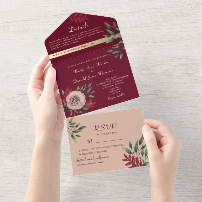 Rustic Floral Pink and Burgundy Wedding All In One Invitation (Tearaway)