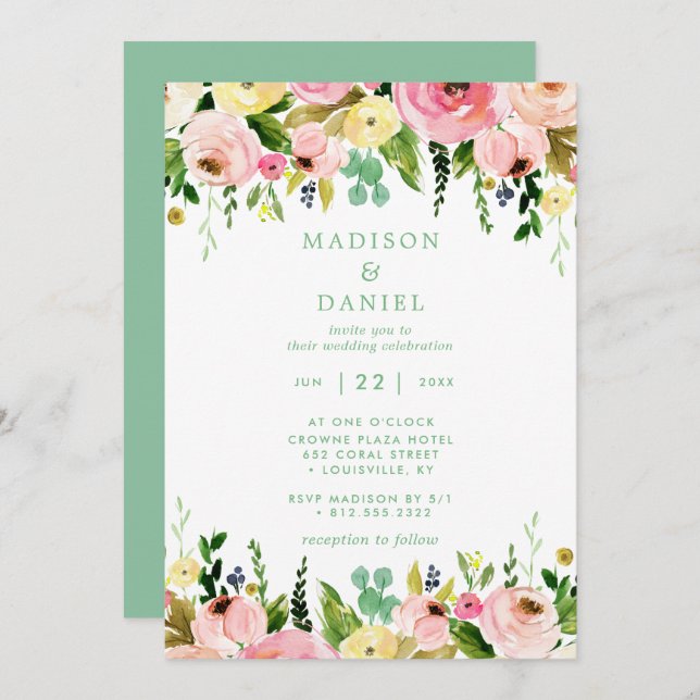 Rustic Floral Pink And Mint Green Wedding Invitation (Front/Back)
