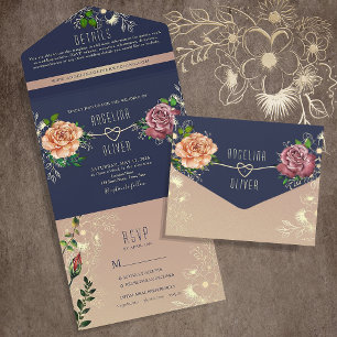 Rustic Floral Pink and Navy Blue Wedding All In One Invitation