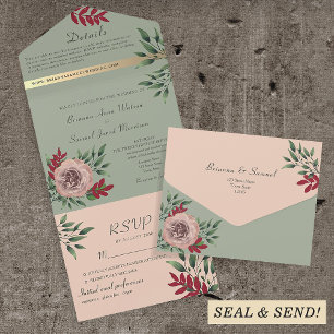 Rustic Floral Pink and Sage Green Wedding All In One Invitation