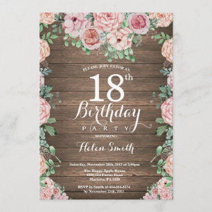 Rustic Floral Pink Peonies 18th Birthday Invitation