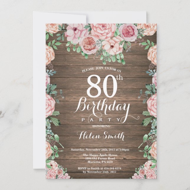 Rustic Floral Pink Peonies 80th Birthday Invitation (Front)
