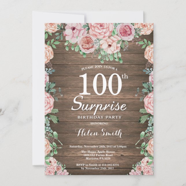 Rustic Floral Pink Peonies Surprise 100th Birthday Invitation (Front)