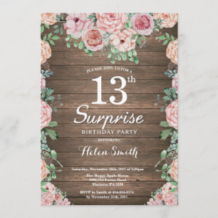 Rustic Floral Pink Peonies Surprise 13th Birthday Invitation