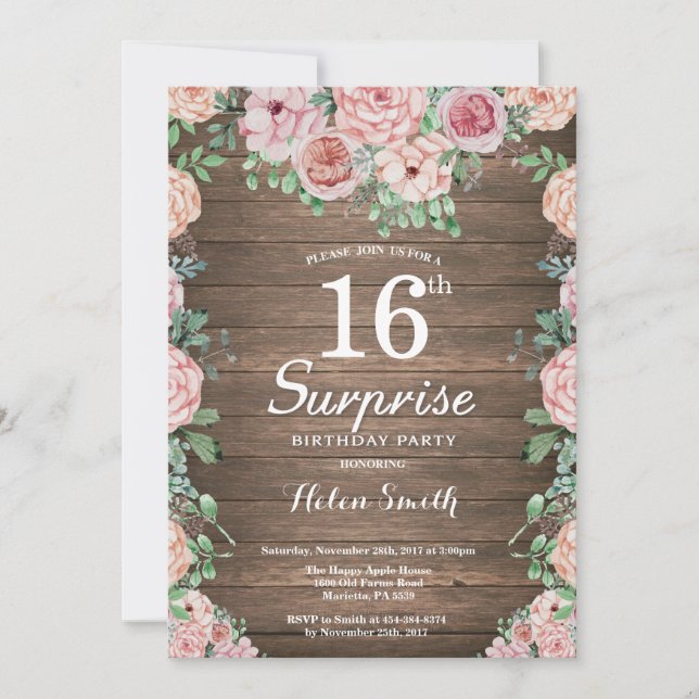 Rustic Floral Pink Peonies Surprise 16th Birthday Invitation (Front)