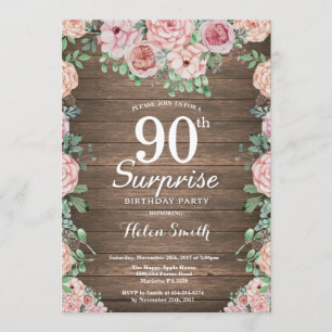 Rustic Floral Pink Peonies Surprise 90th Birthday Invitation