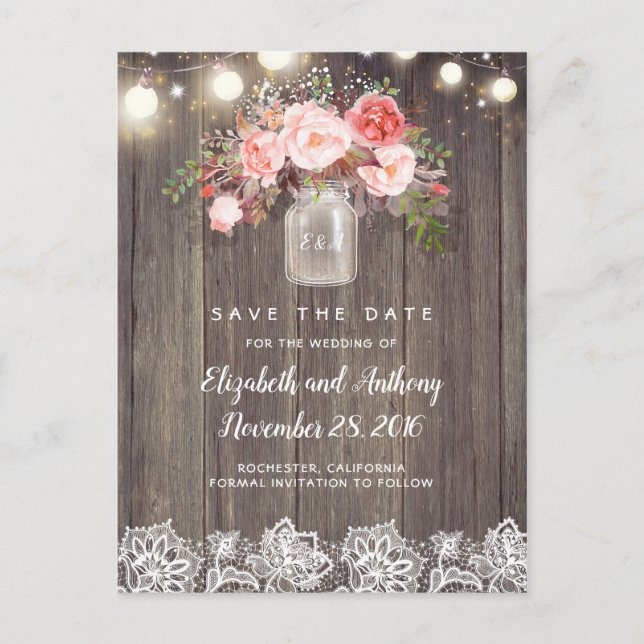 Rustic Floral Pink Save the Date Announcement Postcard (Front)