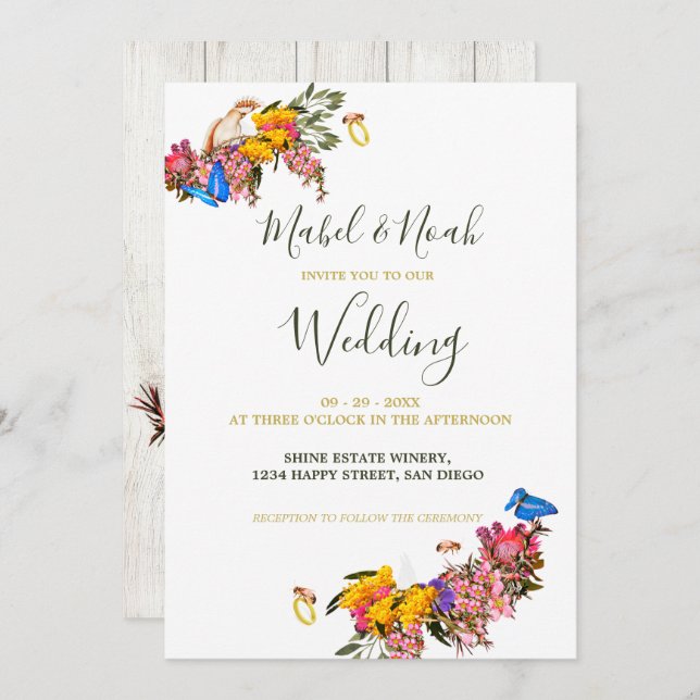 Rustic Floral Protea Cockatoo Sustainable Wedding Invitation (Front/Back)