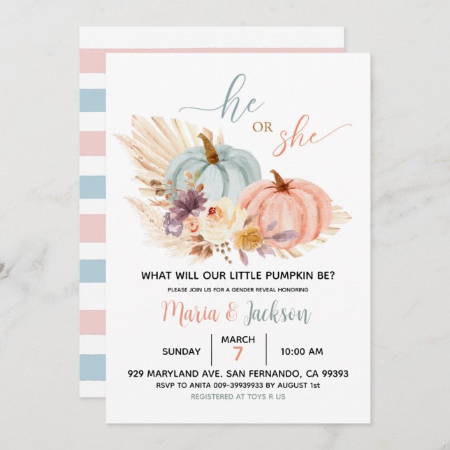 Rustic Floral Pumpkin Baby Gender Reveal Invite (Front/Back)