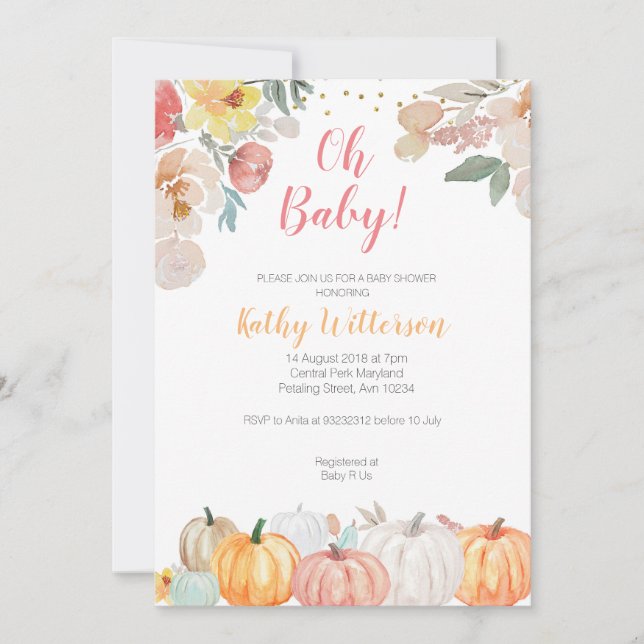 Rustic floral pumpkin baby shower invitation (Front)