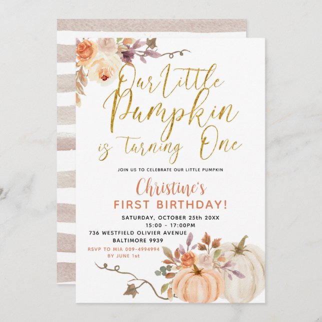 Rustic Floral Pumpkin Birthday Invitation (Front/Back)