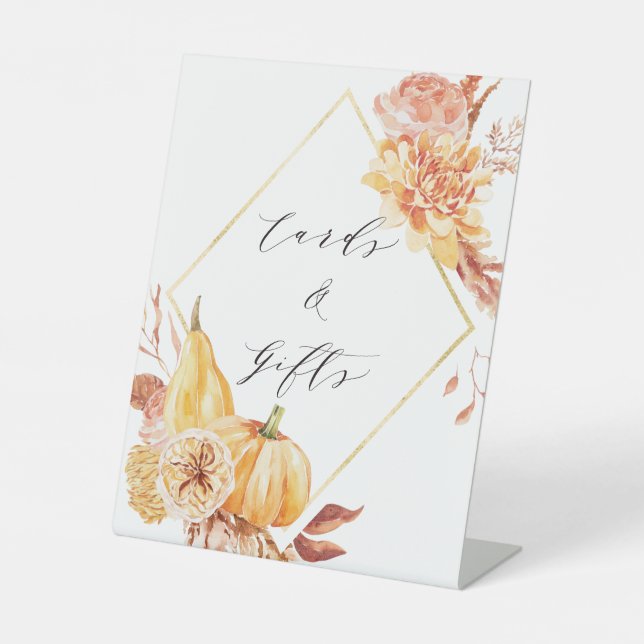 Rustic Floral Pumpkin Gold Diamond Cards & Gifts  Pedestal Sign (Front)