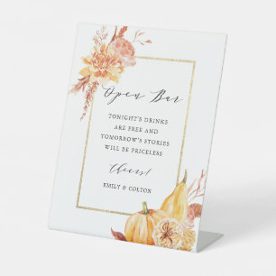 Rustic Floral Pumpkin Gold Frame Wedding Open Bar Pedestal Sign