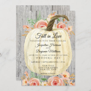 Rustic Floral Pumpkin Peach Coral Rose n Grey Wood Invitation