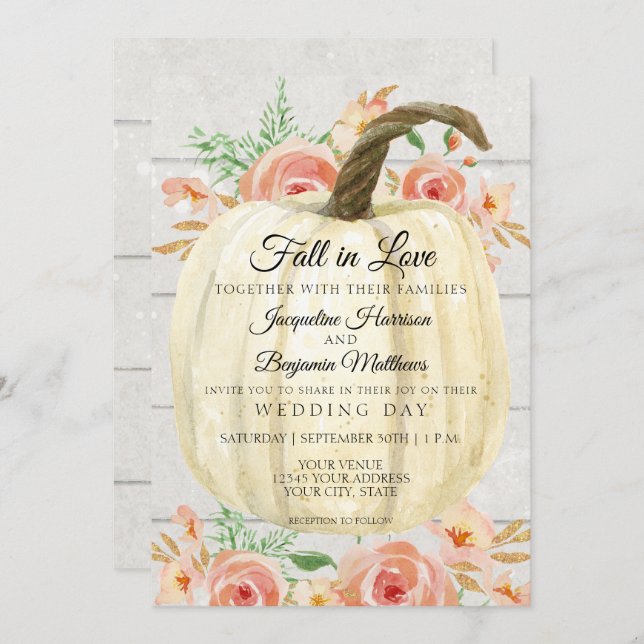 Rustic Floral Pumpkin Peach Coral White Shiplap Invitation (Front/Back)