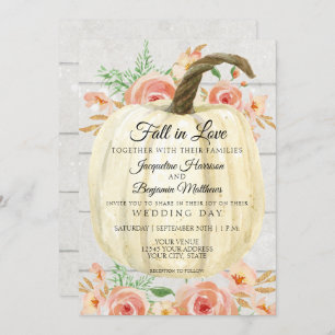 Rustic Floral Pumpkin Peach Coral White Shiplap Invitation