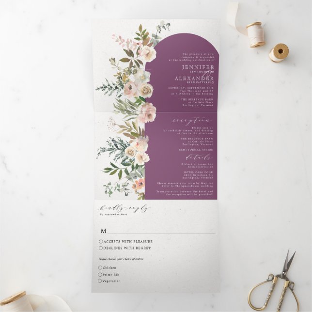 Rustic Floral Purple All in One Wedding Tri-Fold (Inside)