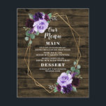 Rustic Floral Purple and Gold Wedding Menu Cards<br><div class="desc">Feature a natural brown barn or wood grain background decorated with a printed gold geometric frame that's trimmed with greenery,  eucalyptus and floral elements in shades of purples -- Marsala,  violet,  burgundy,  lavender and more. View the matching collection on this page to find coordinating items.</div>