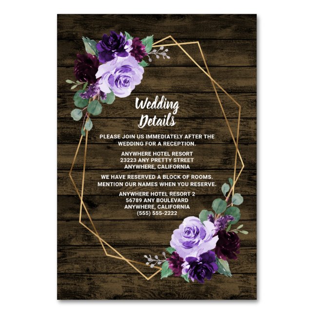 Rustic Floral Purple Gold Wedding Enclosure Cards (Front)