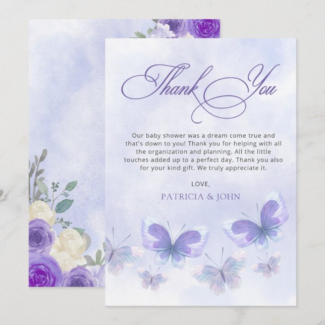 Rustic Floral Purple Lilac Butterflies Baby Shower Thank You Card (Front/Back)