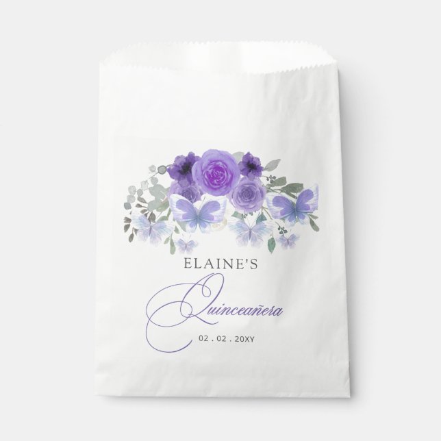 Rustic Floral Purple Lilac Butterflies Quinceanera Favour Bag (Front)