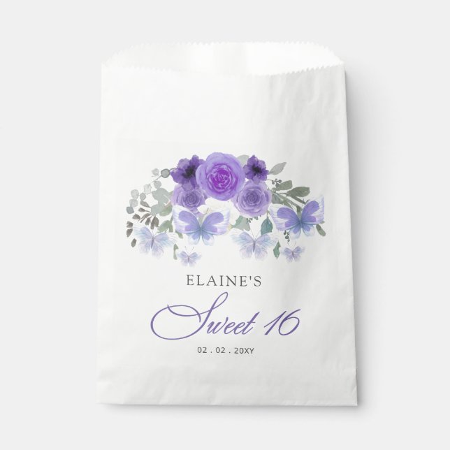 Rustic Floral Purple Lilac Butterflies Sweet 16 Favour Bag (Front)