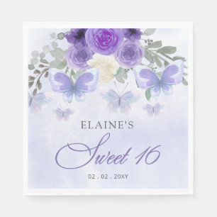 Rustic Floral Purple Lilac Butterflies Sweet 16 Napkin