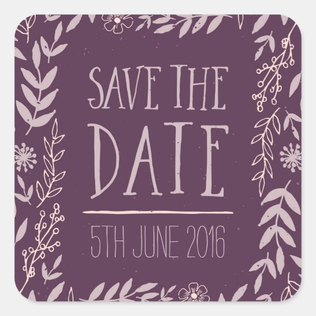 Rustic Floral Purple Save the Date Square Sticker (Front)