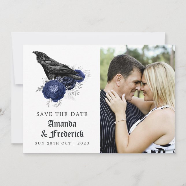 Rustic Floral Raven Gothic Wedding Photo Save The Date (Front)