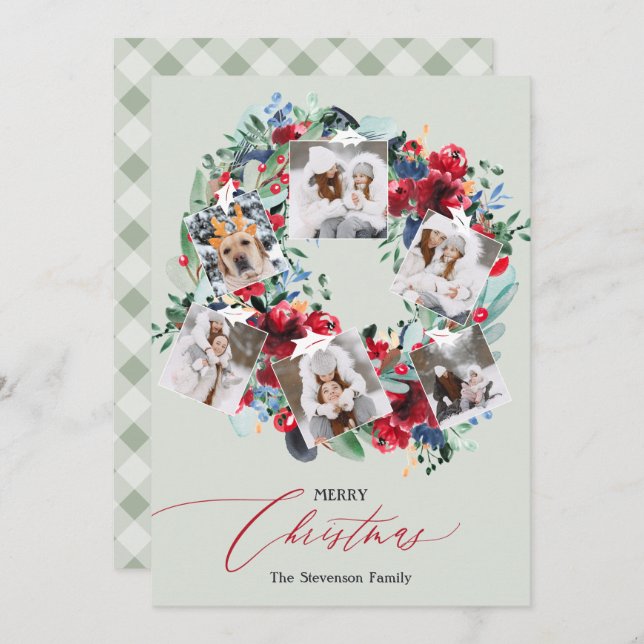 Rustic floral red 6 photos Christmas wreath green Holiday Card (Front/Back)