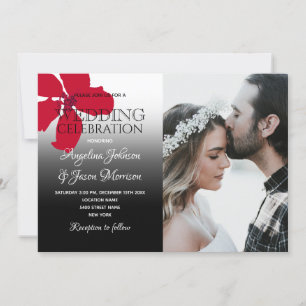 Rustic Floral Red Black and White Wedding Photo Invitation