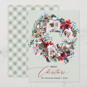 Rustic floral red green 6 photos Christmas wreath Holiday Card