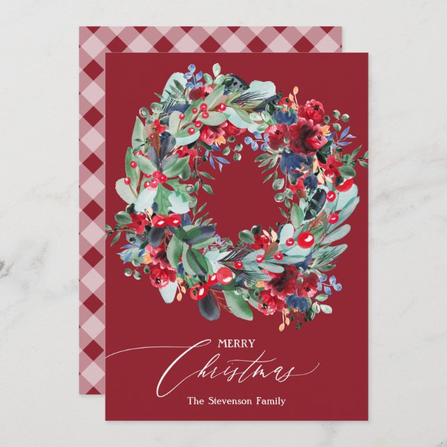 Rustic floral red navy blue Christmas wreath Holiday Card (Front/Back)