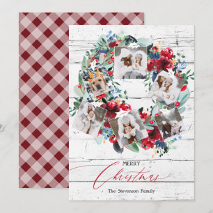 Rustic floral red wood 6 photos Christmas wreath Holiday Card