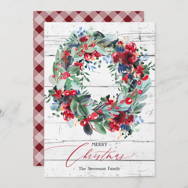 Rustic floral red wood Christmas wreath Holiday Card (Front/Back)