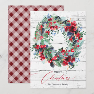 Rustic floral red wood Christmas wreath Holiday Card