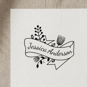 Rustic Floral Ribbon Badge Personalised Name Self-inking Stamp