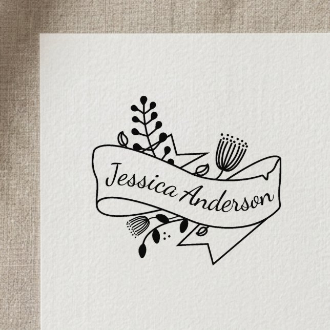 Rustic Floral Ribbon Badge Personalised Name Self-inking Stamp (Creator Uploaded)