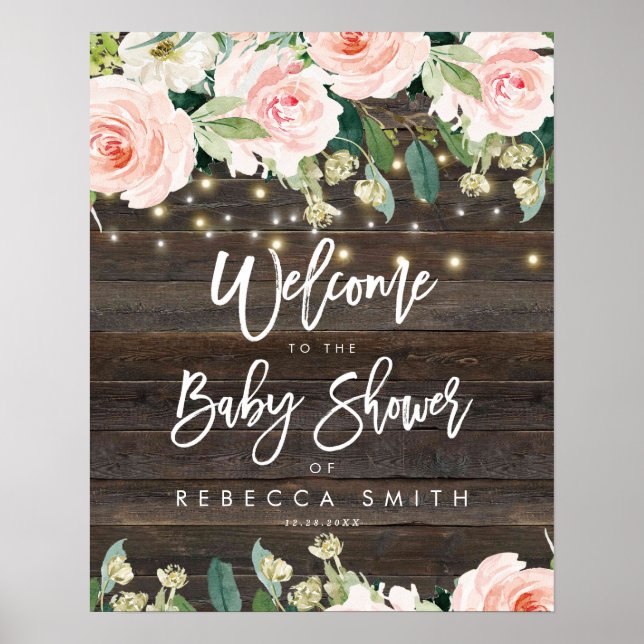 rustic floral roses baby shower welcome sign (Front)