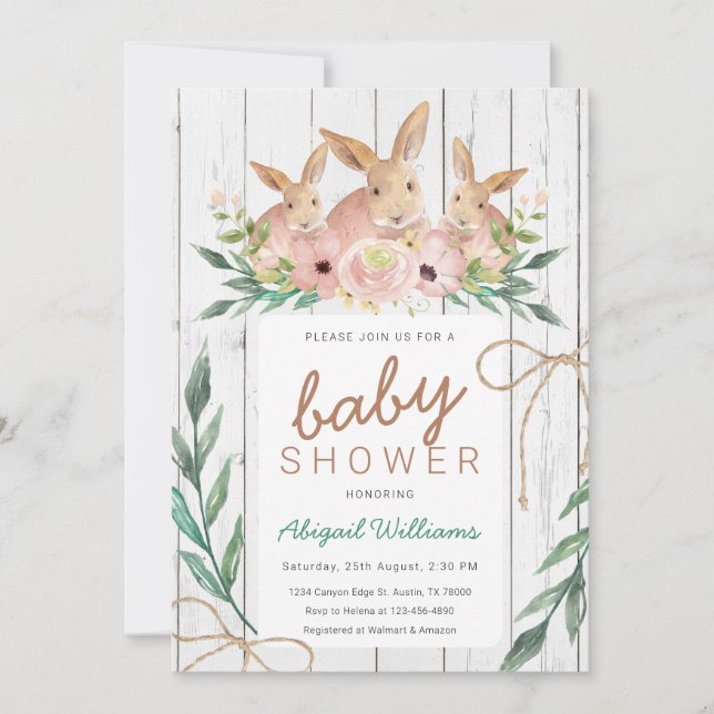 Rustic Floral Safari Rabbit Family Baby Shower Invitation (Front)