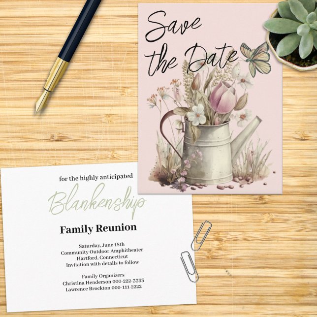 Rustic Floral Save The Date Family Reunion   Announcement Postcard (Send out an announcement for your family reunion with this quaint watering can save the date.)