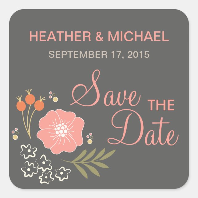 Rustic Floral Save the Date Square Sticker (Front)