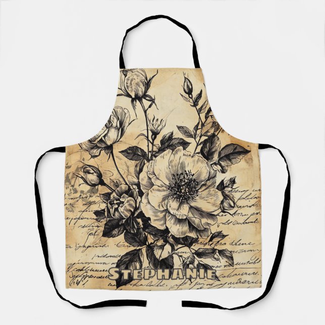 Rustic Floral Sketch with Calligraphy - Aged (10) Apron (Front)