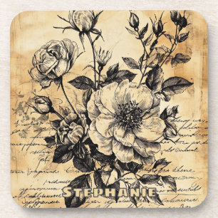 Rustic Floral Sketch with Calligraphy - Aged (10) Coaster