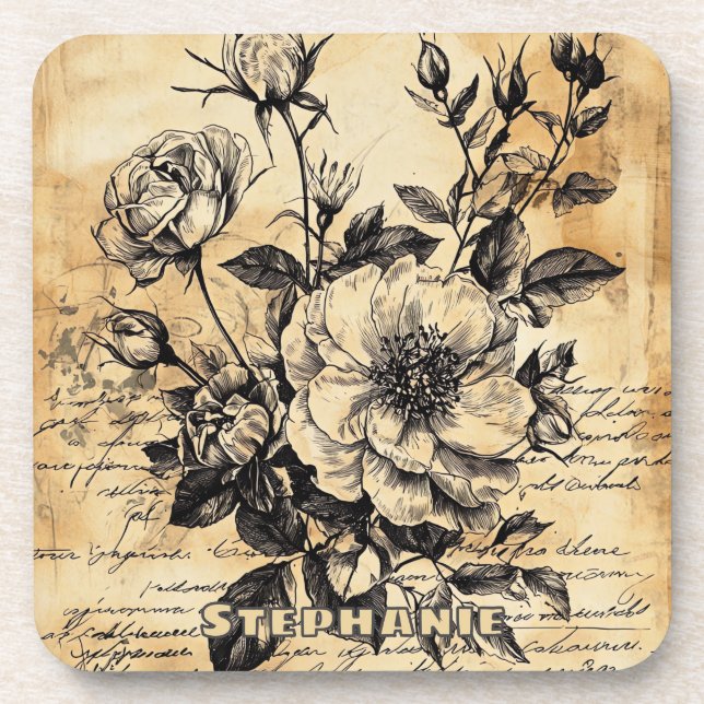 Rustic Floral Sketch with Calligraphy - Aged (10) Coaster (Front)