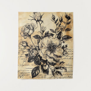 Rustic Floral Sketch with Calligraphy - Aged (10) Tapestry