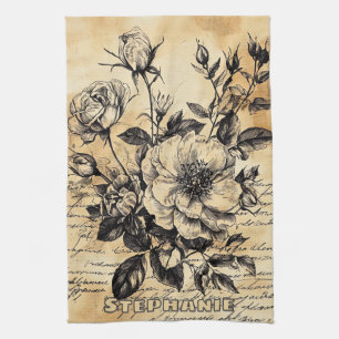 Rustic Floral Sketch with Calligraphy - Aged (10) Tea Towel