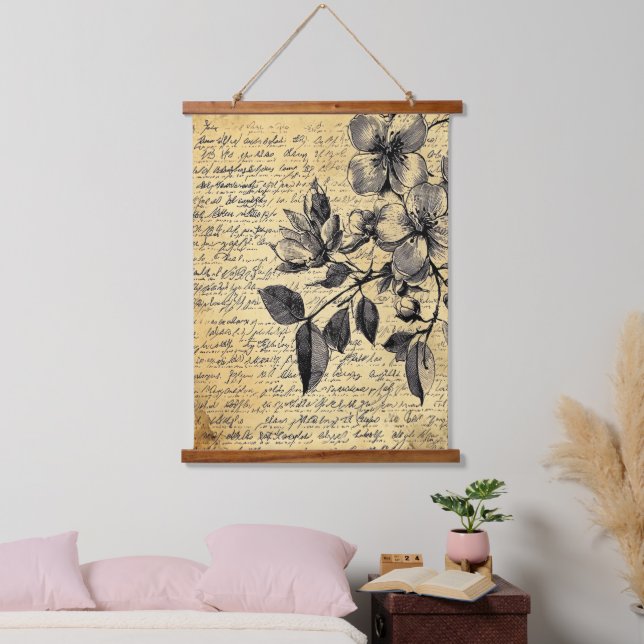 Rustic Floral Sketch with Calligraphy - Aged (1) Hanging Tapestry (Bedroom)