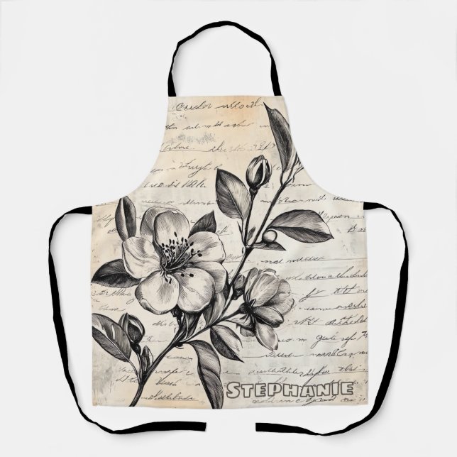 Rustic Floral Sketch with Calligraphy - Aged (2) Apron (Front)