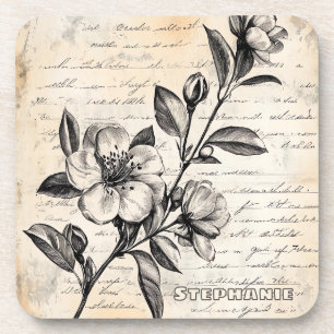 Rustic Floral Sketch with Calligraphy - Aged (2) Coaster